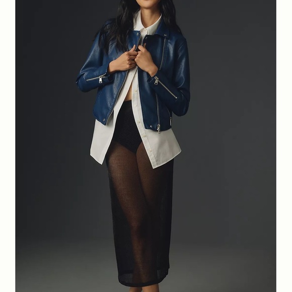Anthropologie faux Leather Moto navy jacket size Small S - Picture 1 of 10
